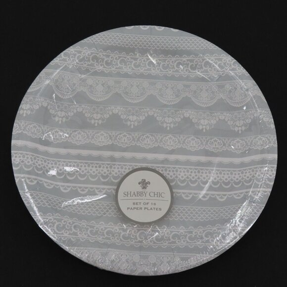 Shabby Chic Rachel Ashwell 9in Paper Plates 16 Count Gray White Lace Design NEW - Picture 7 of 7